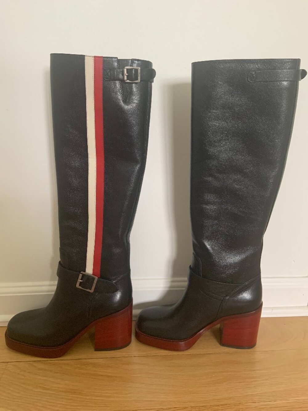 DIOR - Diorider Over Knee Boots Black Leather Red Stripe‎ Runway 35